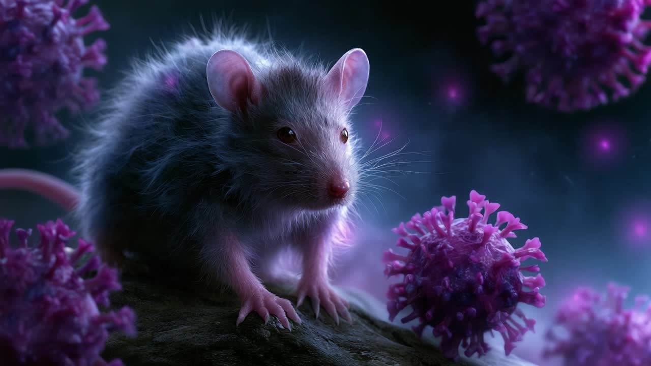 Un primo piano di un topo peloso tra vivaci strutture virali viola, che mostra un'interazione surreale e accattivante tra biologia e arte immaginativa.