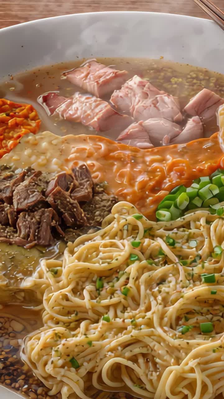 Vertical video: Opening overhead shot showing bowl on wooden tabletop with ramen broth and pork