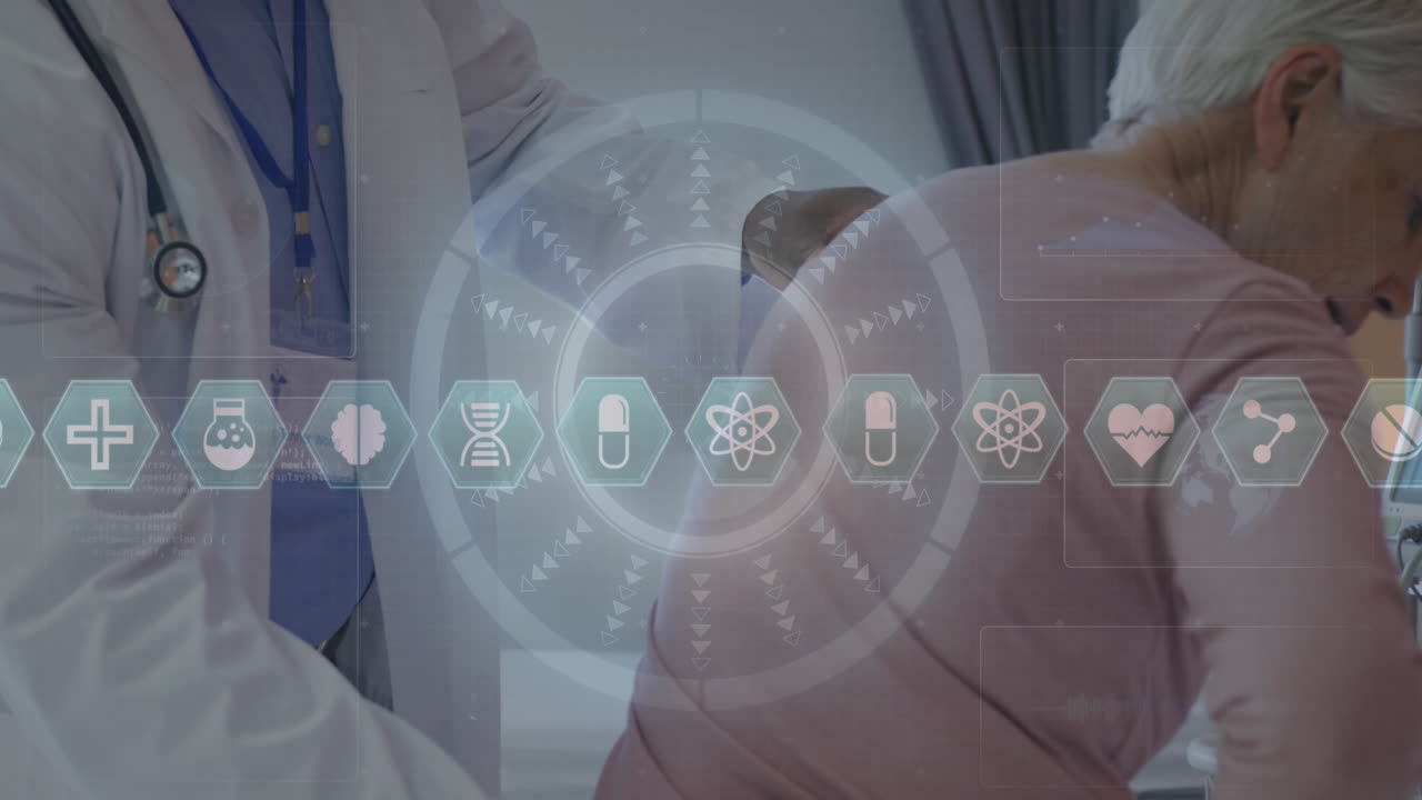 여성 환자와 함께 아프리카계 미국인 남성 의사에 대한 아이콘과 데이터의 애니메이션