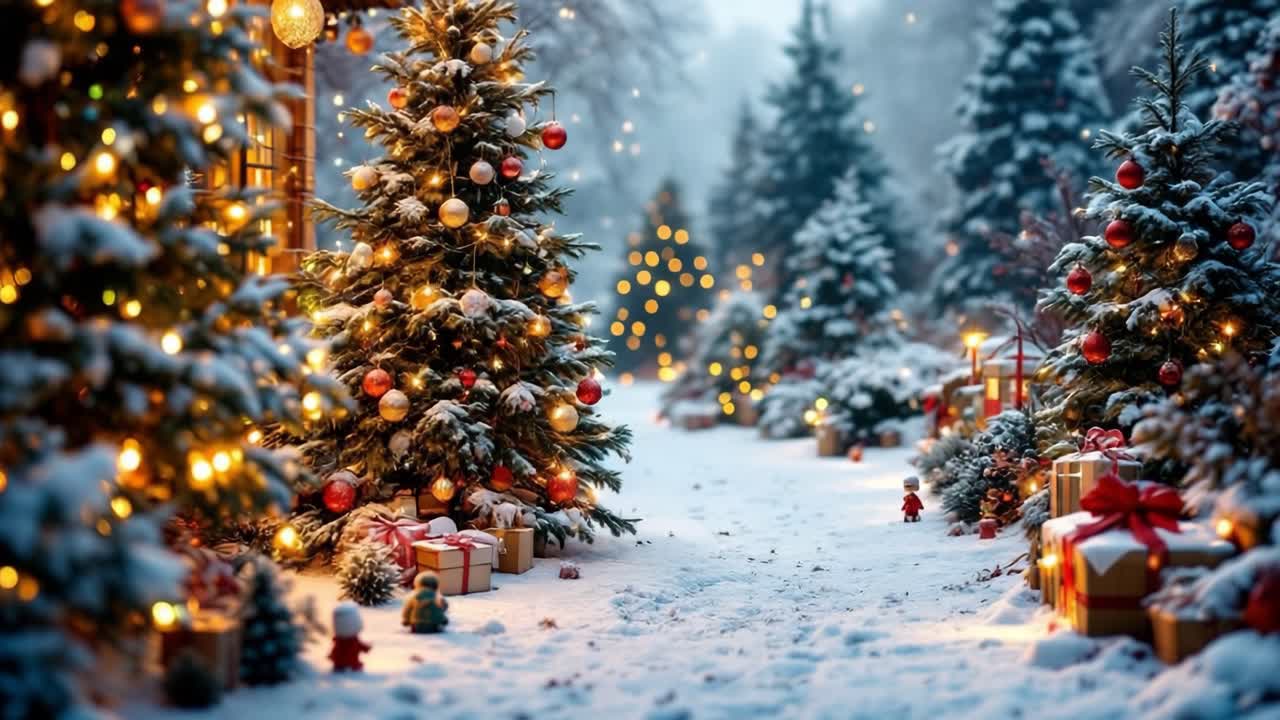 Snow-covered pathway surrounded by beautifully decorated Christmas trees, twinkling lights, and colorful gift boxes, creating a warm and inviting holiday ambiance in a winter wonderland