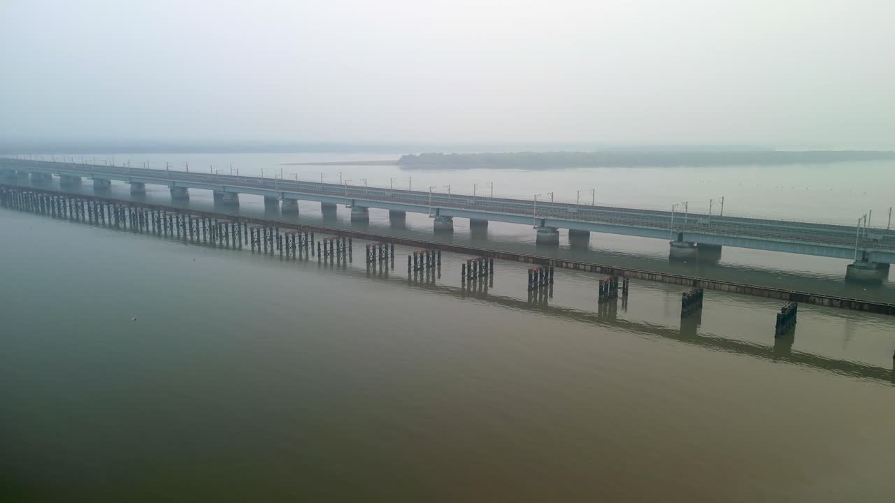 bhayandar to naigaon vasai creek railway bridge empty drone shot