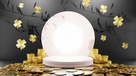 prosperity in bloom: golden coins and clover leaves surrounding a white circular display black background mockup