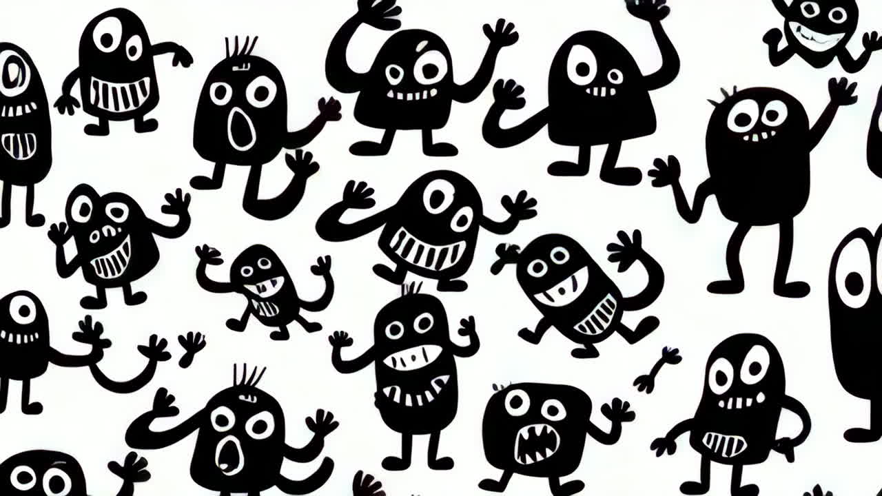 Black and White Cartoon Monster Doodles Pattern