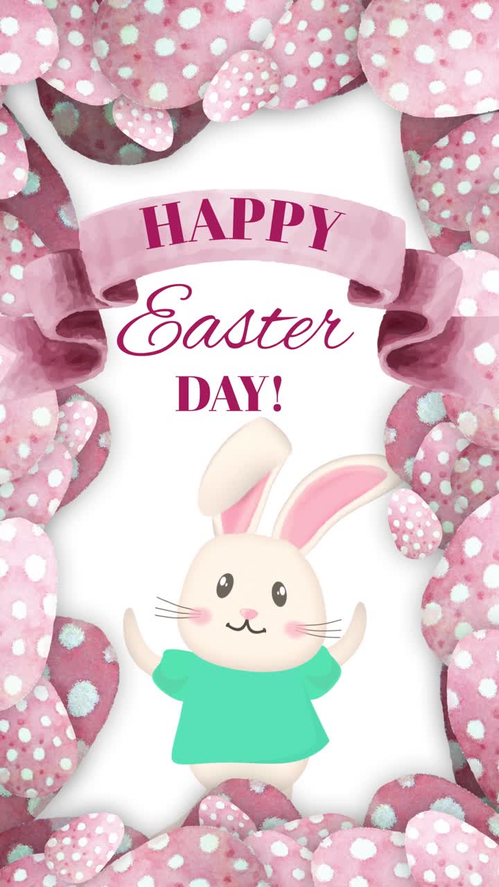 Auguri di buona Pasqua con coniglietto animato e uova ad acquerello