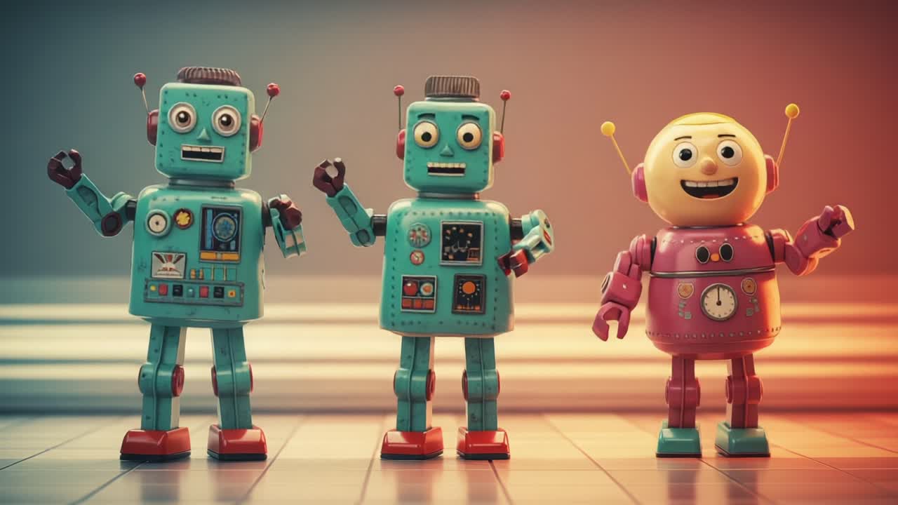 A Cheerful Trio of Colorful Retro Robots Dancing Joyfully in a Brightly Lit Room, Showcasing Their Playful Personalities and Artful Designs