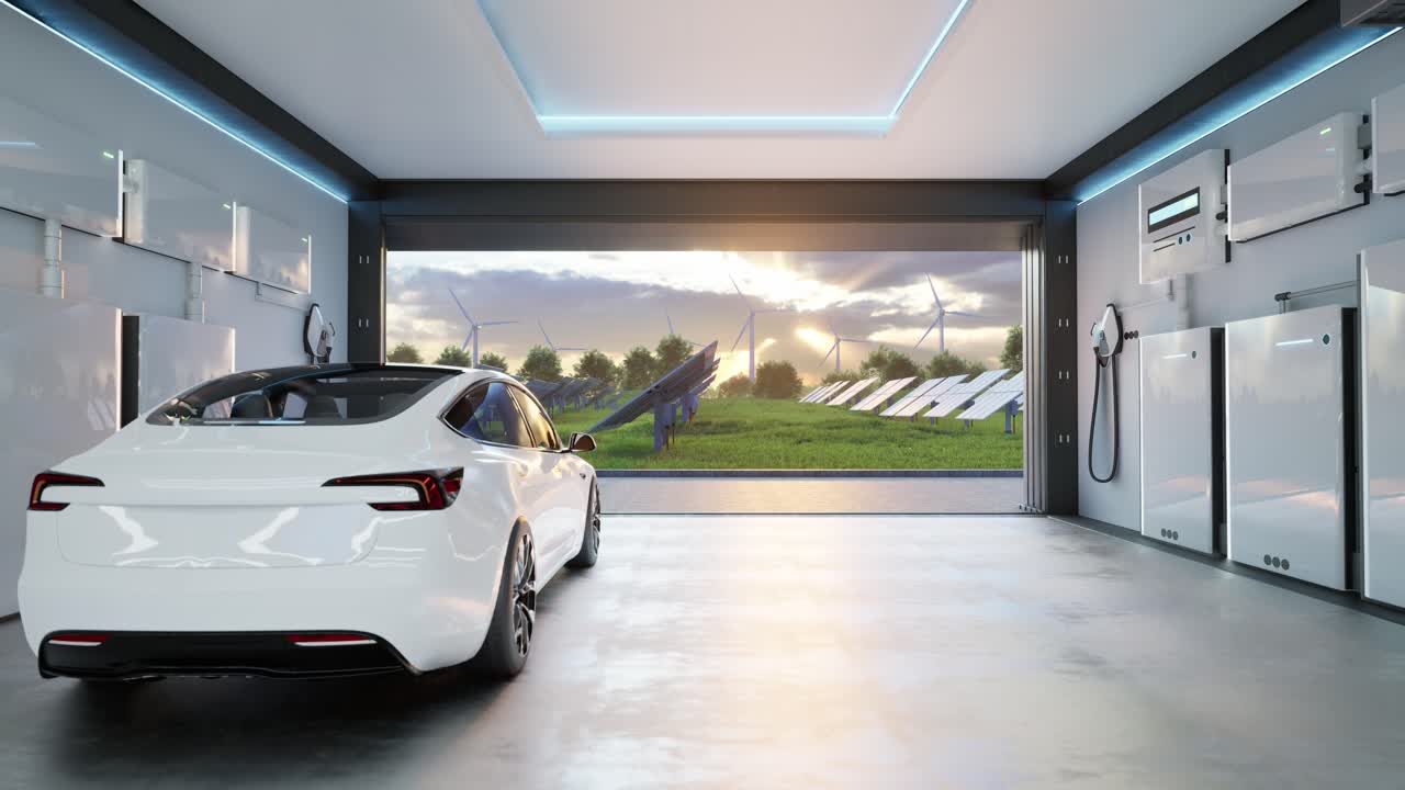 Electric Car With Home Energy Storage System Based On A Lithium Ion Battery Pack Situated In A Modern Garage With View On A Vast Landscape With Solar Power Plant And Wind Turbine Farm