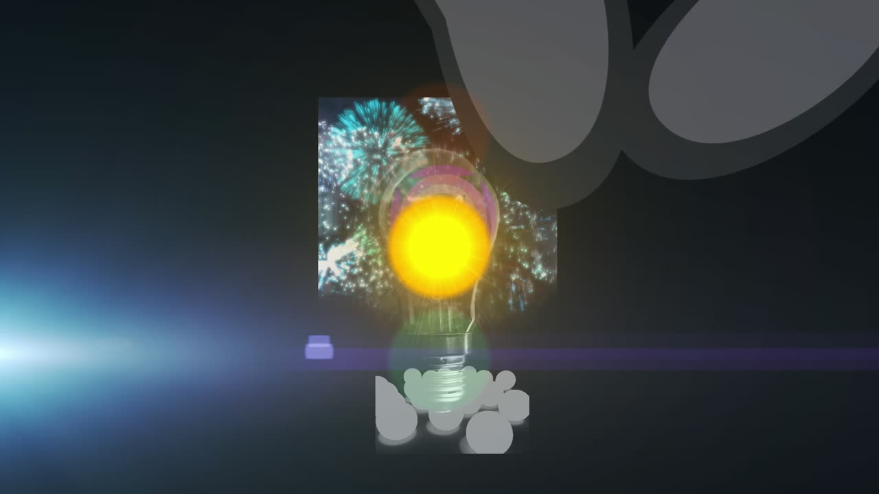 Animation of lens flares and idea text in light bulb over fireworks and abstract pattern