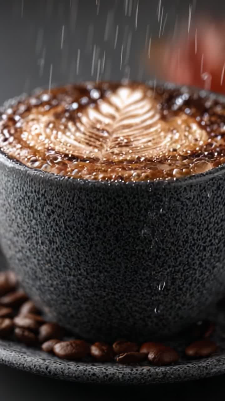 Primo piano di una tazza di caffè finemente realizzata con intricate decorazioni di latte art a forma di foglia, circondata da chicchi di caffè, che mostra perfettamente l'arte della preparazione del caffè