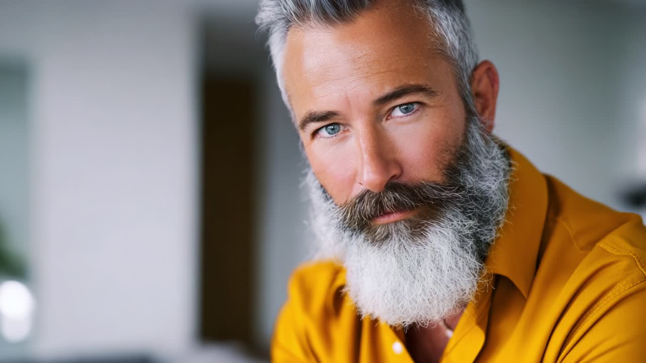 Un uomo maturo con barba curata e sorprendenti occhi azzurri che sorride con sicurezza, mostrando il suo look elegante e la sua presenza carismatica in un ambiente tranquillo