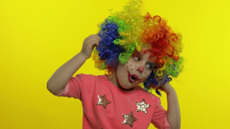 Bambina pagliaccio con parrucca che fa facce buffe. Si diverte, sorride, mostra la lingua. Halloween
