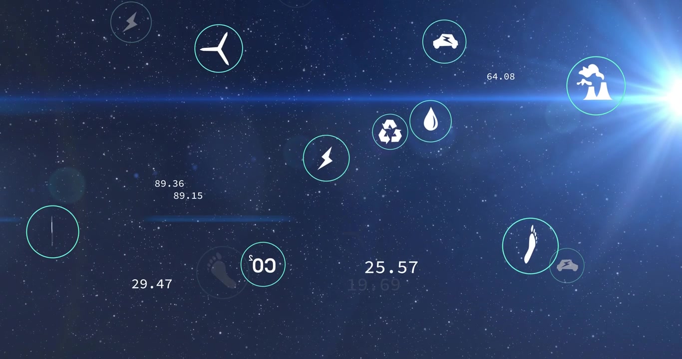 Centered HUD icons appearing on flare sweep, orbiting and updating values, showing energy data
