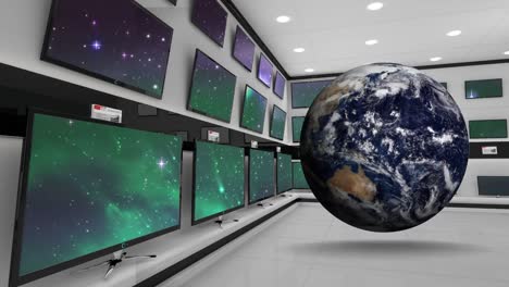 animación del globo sobre la pared con pantallas de televisión
