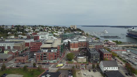 aerial flyover of waterfront harbor in portland, maine