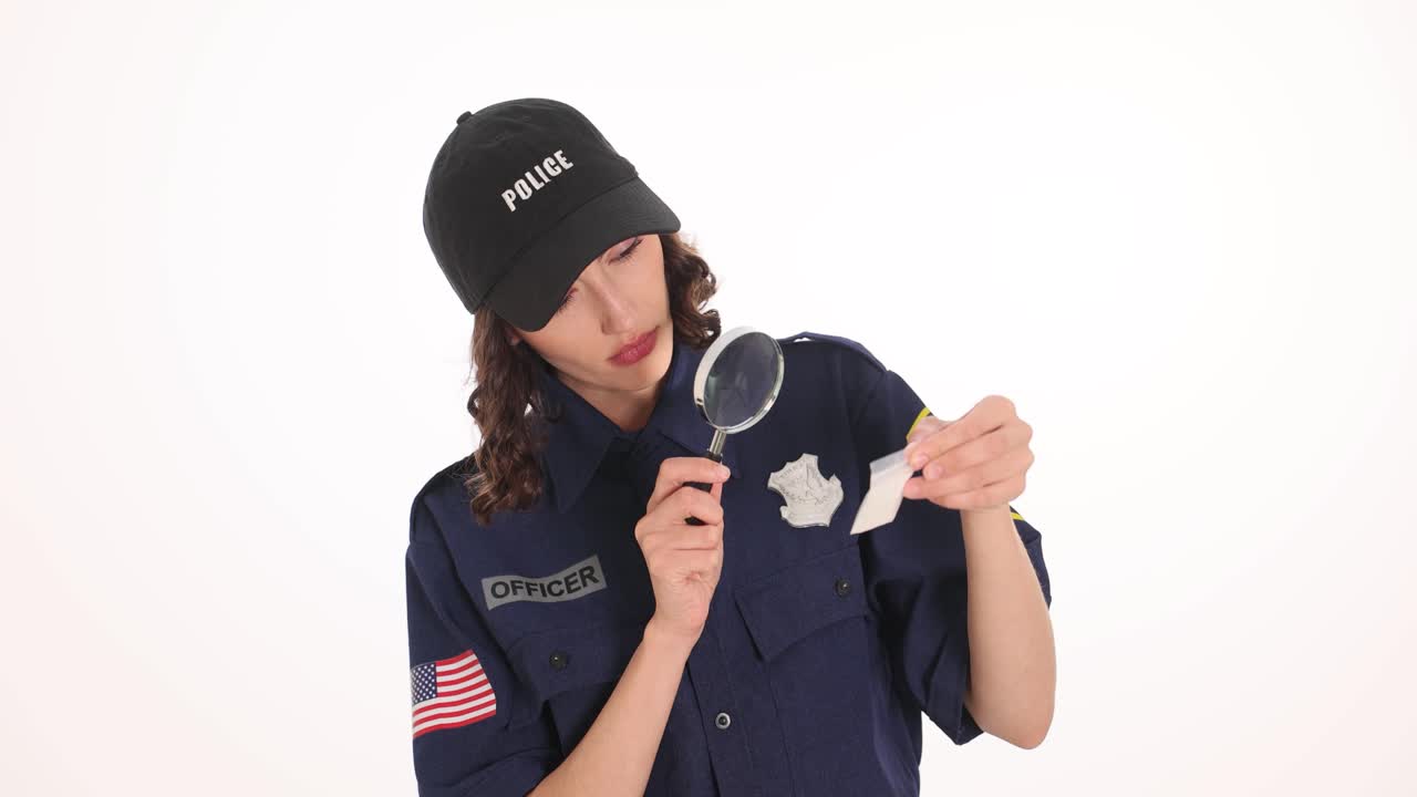 Police officer inspecting a bag of drugs with a magnifying glass