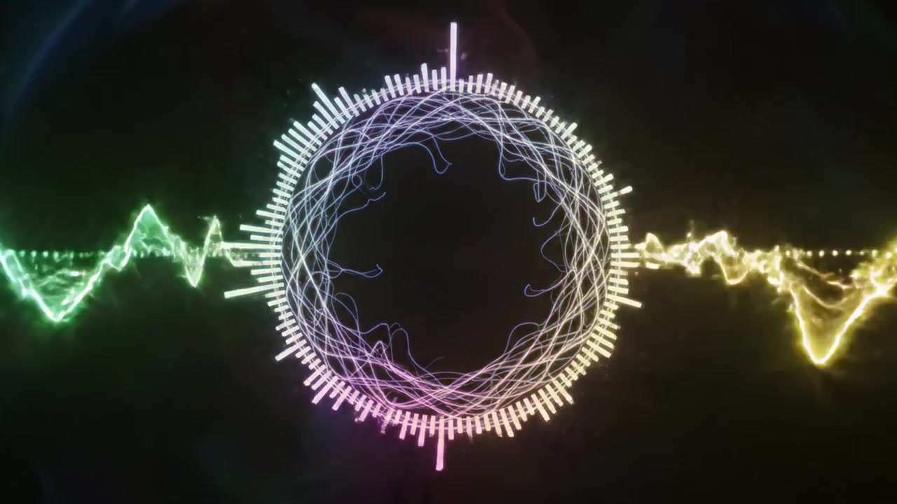 Dynamic Visualizations of Sound Waves and Frequency Patterns Transitioning from One Entity to Another in a Dark Ambient Background