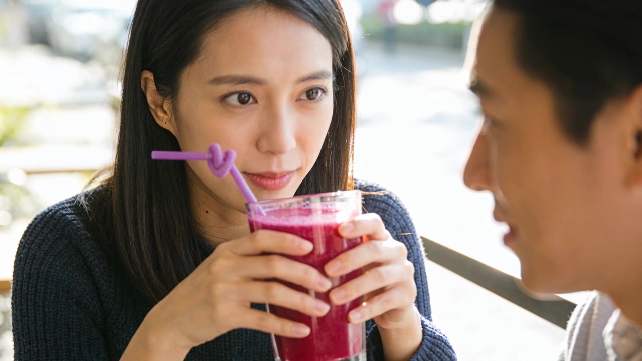 Cầm ly đồ uống, người phụ nữ mặc áo len tối màu lắng nghe người đàn ông nói chuyện tại sân thượng quán cà phê, ống hút thắt nút.