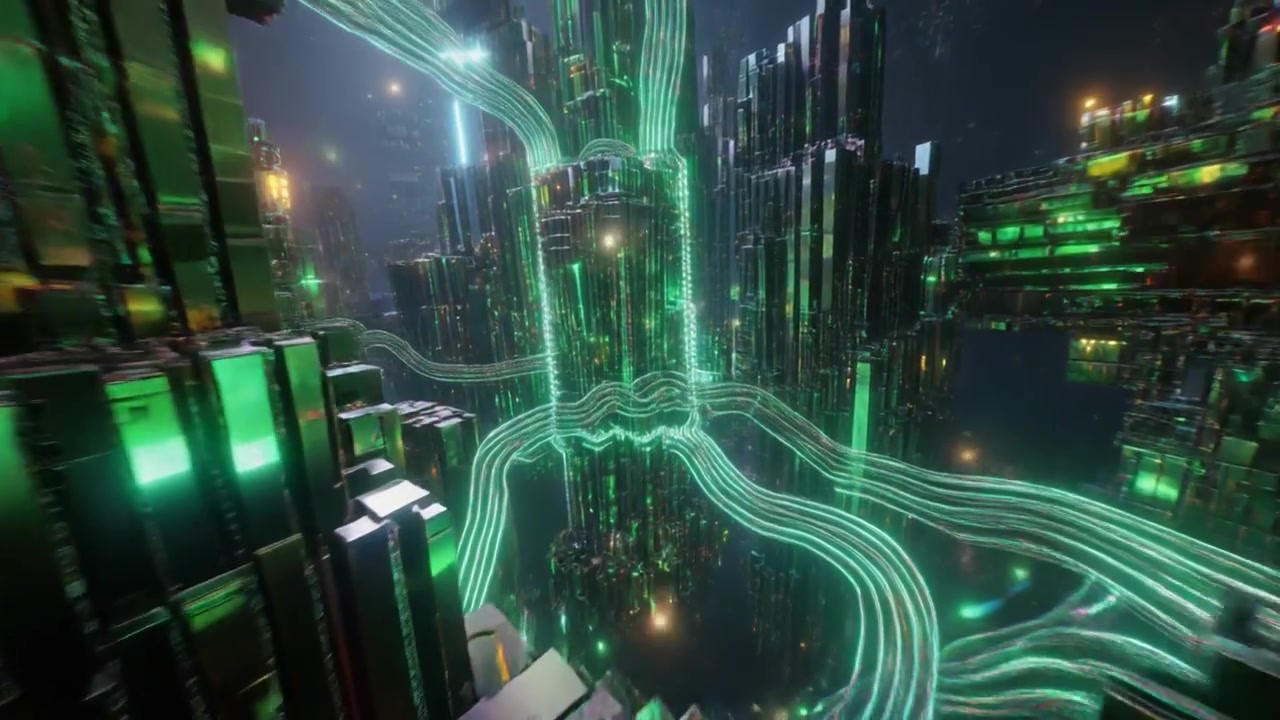 Futuristic Cyberpunk Cityscape with Glowing Green Data Streams