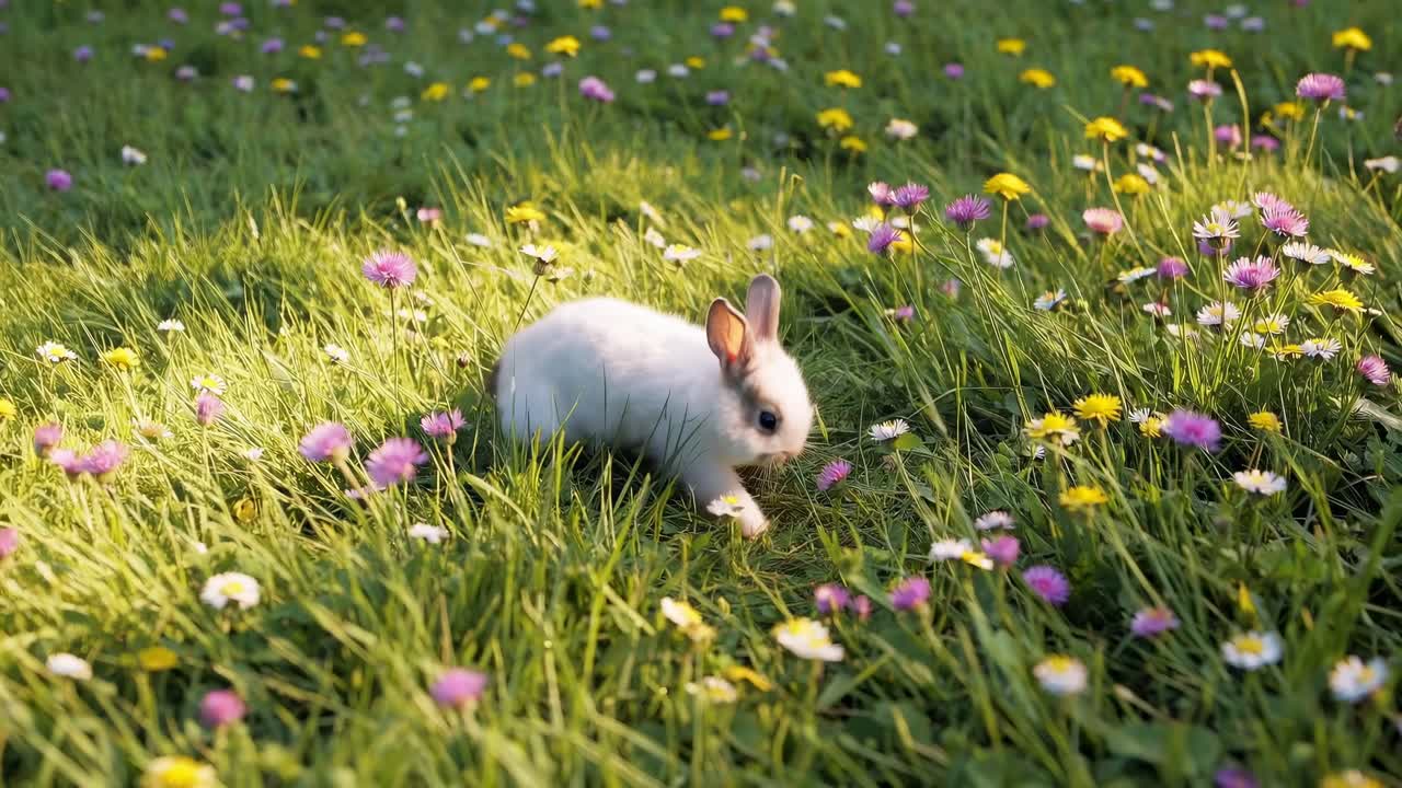 Aerial video captures a fluffy bunny in a sunlit meadow, surrounded by colorful wildflowers