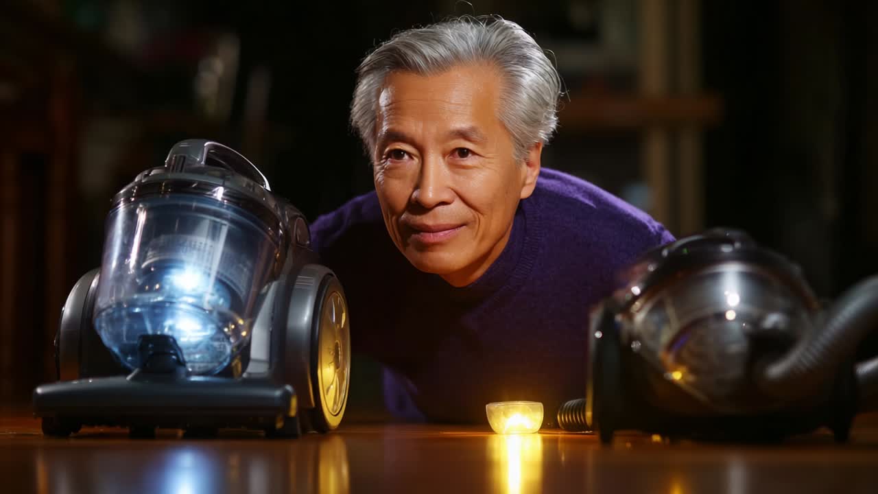 An elderly man interacts with two modern vacuum cleaners in a cozy indoor setting, highlighting their innovative design and functionality while creating a warm atmosphere with soft candlelight