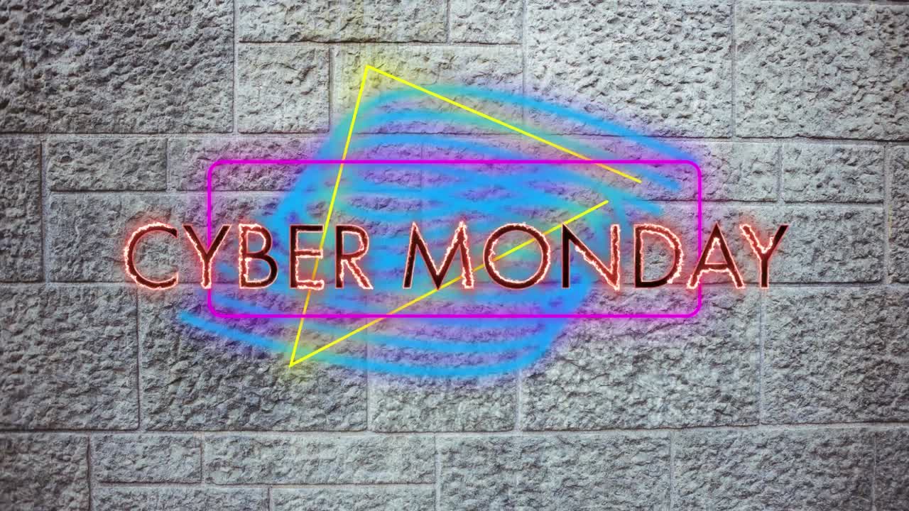 animación de las palabras cyber monday en neón rojo y formas gráficas coloridas