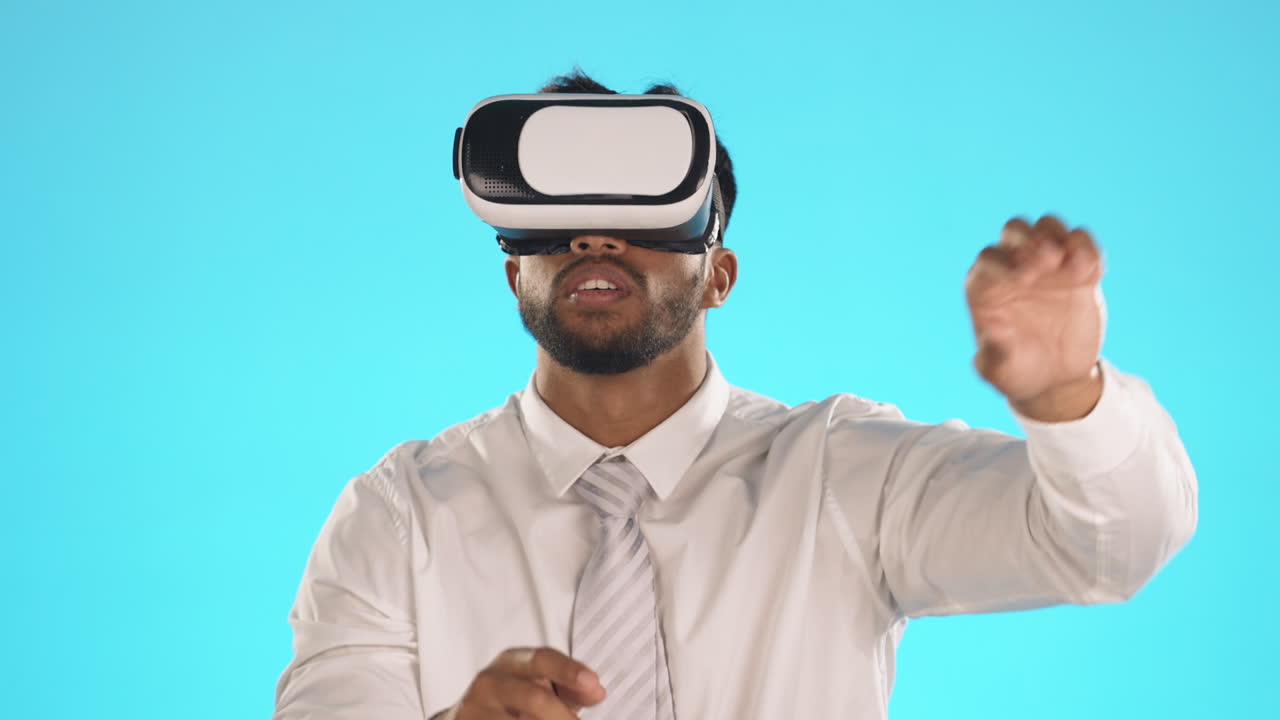 Vr, virtual reality and business man in studio