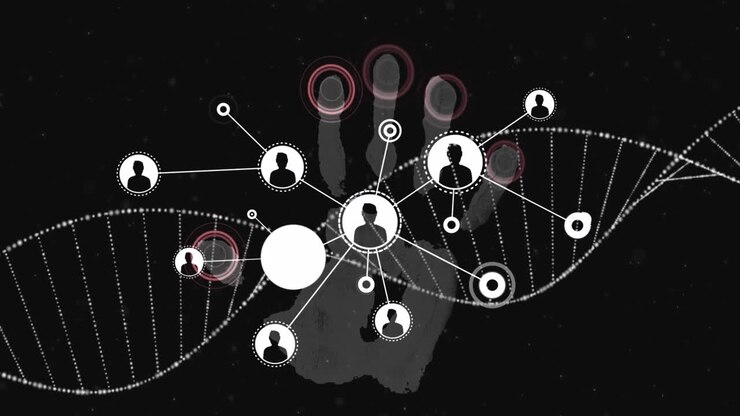 Animation of dna strand spinning and network of connections over biometric handprint