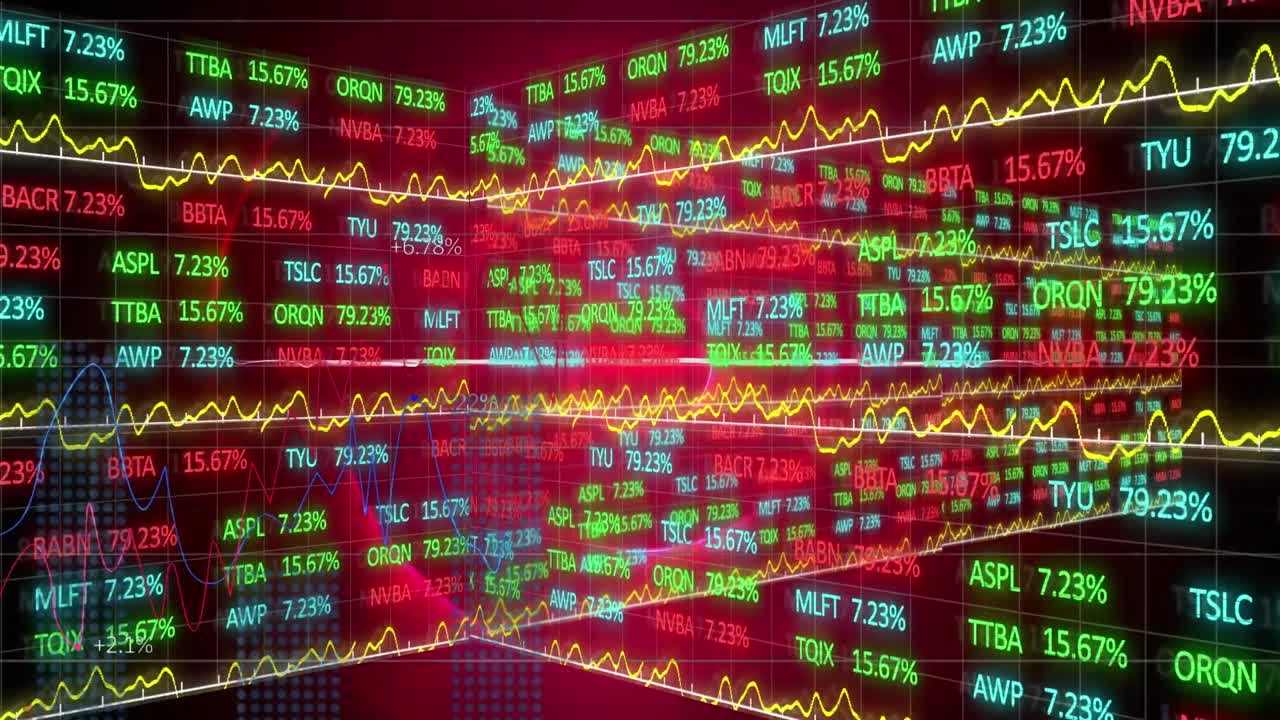Animation of multicolored trading board and graphs moving over grid pattern