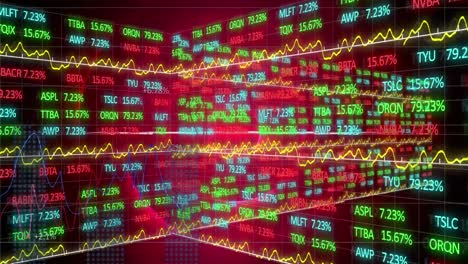 Animation-of-multicolored-trading-board-and-graphs-moving-over-grid-pattern