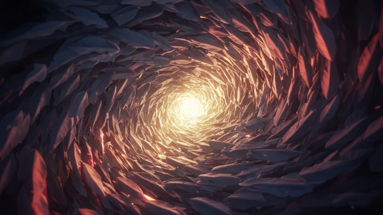 A mesmerizing spiral tunnel made of leaves, illuminated by a warm radiant light at its center, creating a captivating sense of depth and movement in a serene natural setting