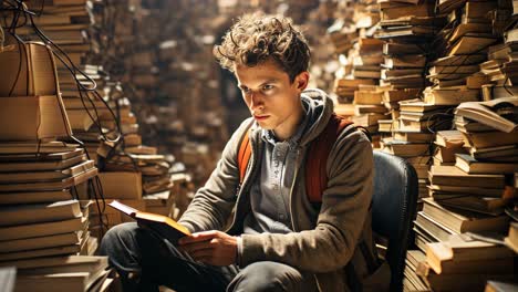 young man reading a book surrounded by towering stacks of books