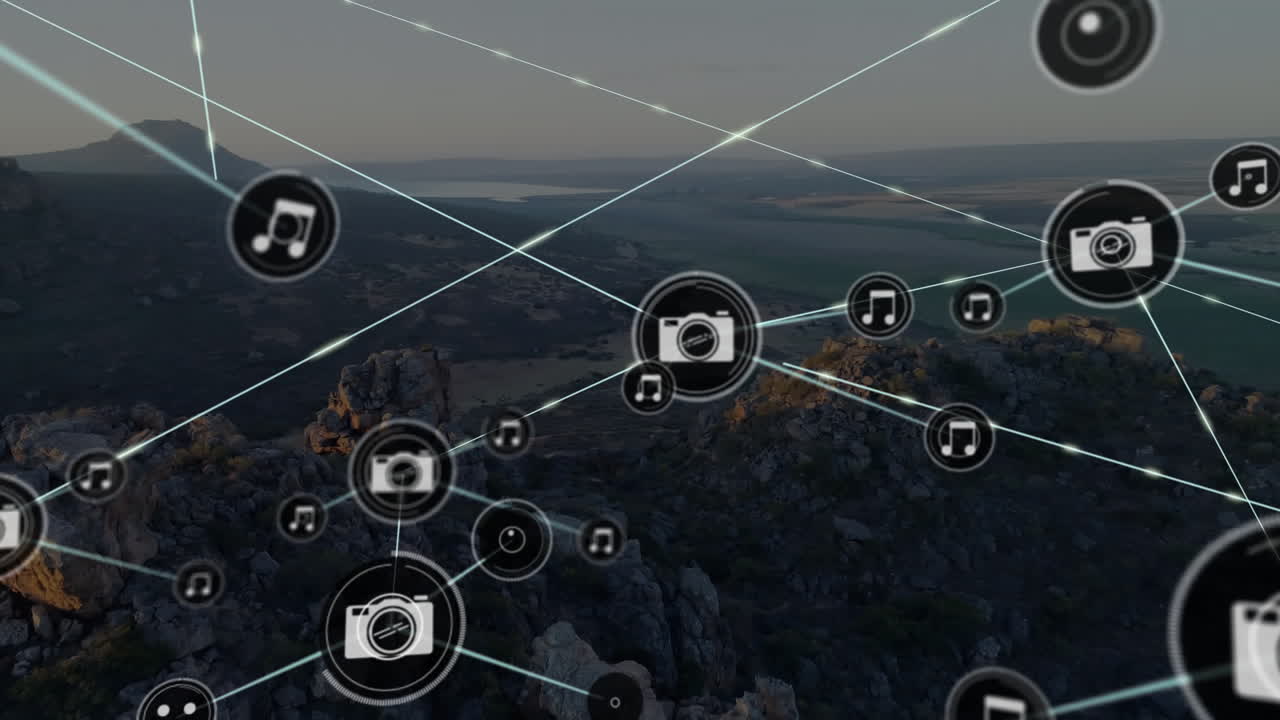 animación de la red de conexiones con iconos sobre el paisaje