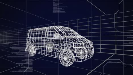 animación de dibujos 3d blancos de automóviles y procesamiento de datos técnicos