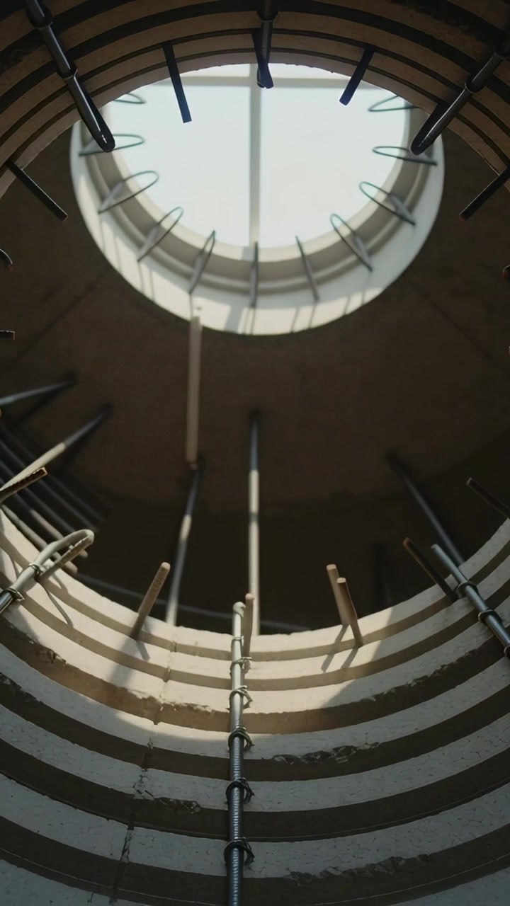 Vertical video: Tilting camera showing shaft cable shifting under skylight, revealing ledge shadows