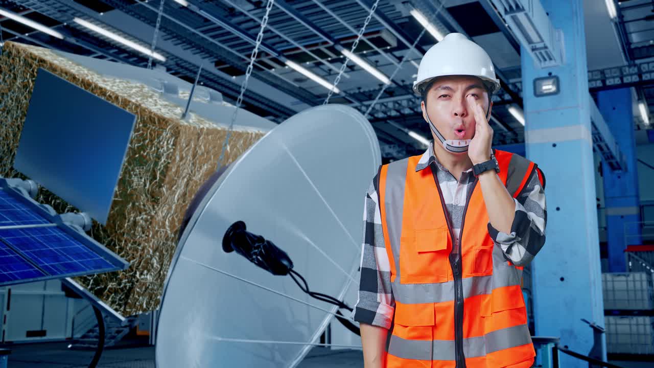 ingeniero hablando en una instalación de satélite