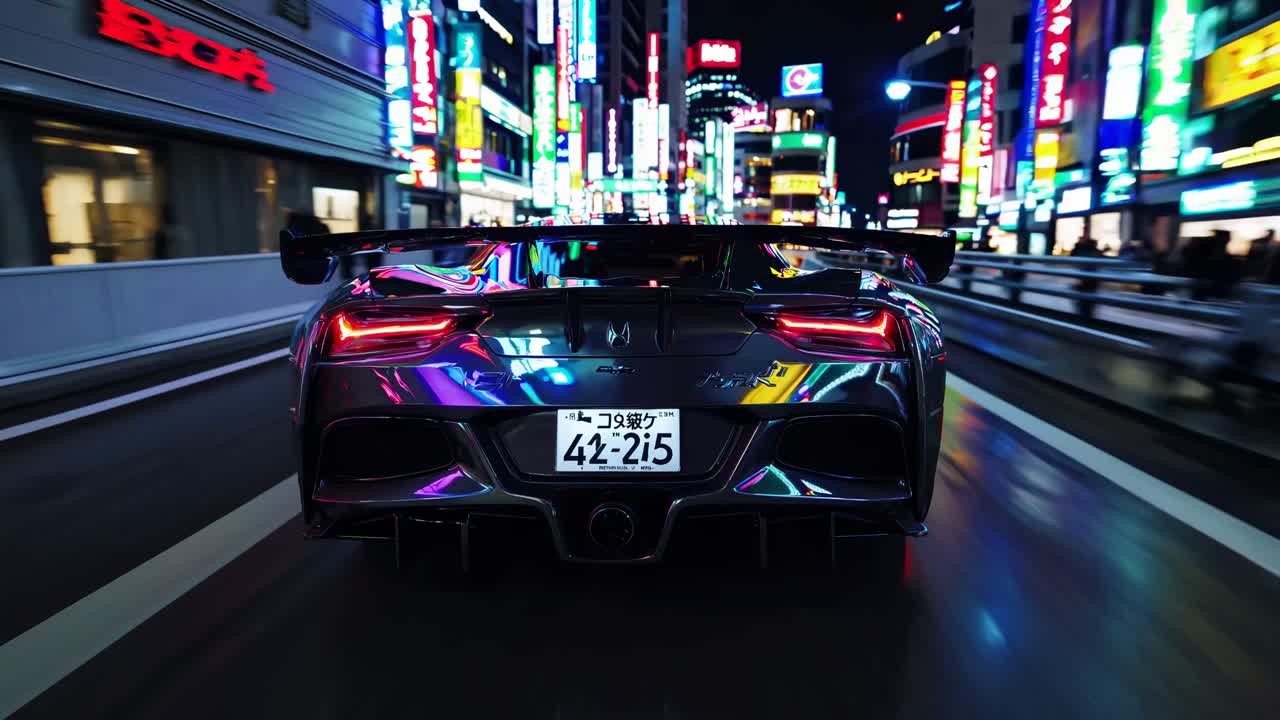 Dynamic video concept of a sports car speeding through a neon-lit city at night, captured from a low