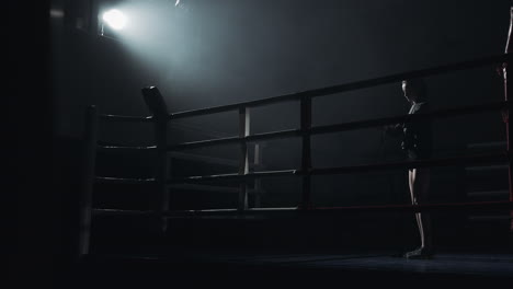 boxer standing in a spotlighted boxing ring
