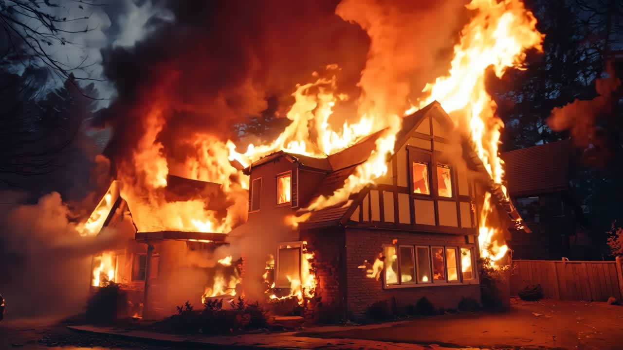 그 앞에 주차된 차와 함께 불타는 집