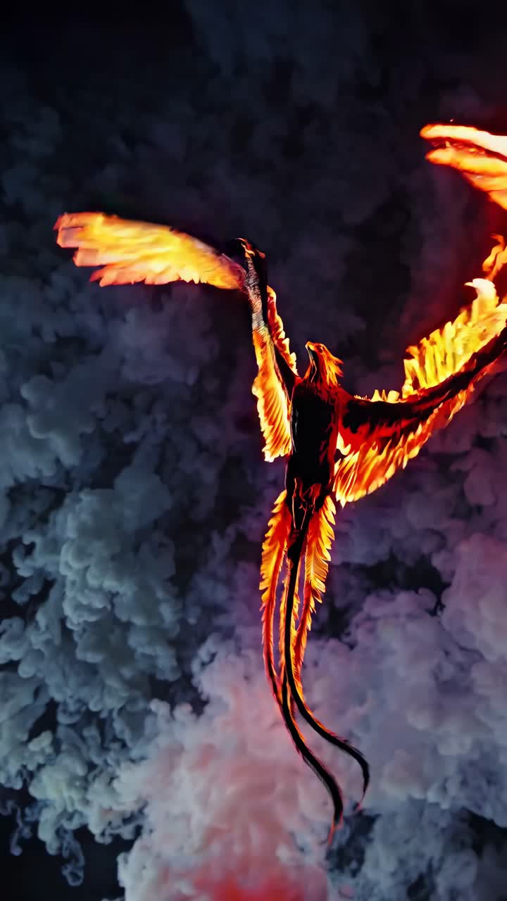 Aerial view of a fiery phoenix soaring through smoky clouds, captured in a dramatic, cinematic