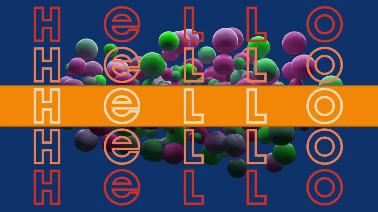 Animation of hello text in repetition with orange stripe over pink and green balls on blue
