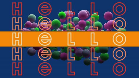 animation of hello text in repetition with orange stripe over pink and green balls on blue