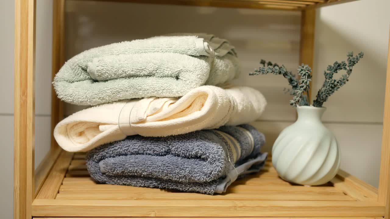Stacked towels and vase with dried flowers on a shelf