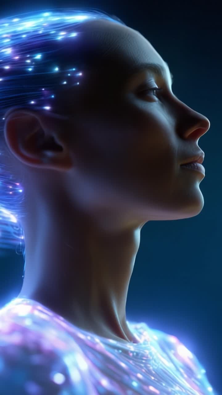 Una figura digitale ipnotizzante con capelli luminescenti e un bagliore etereo, che emana serenità e raffinatezza in un ambiente visivamente accattivante
