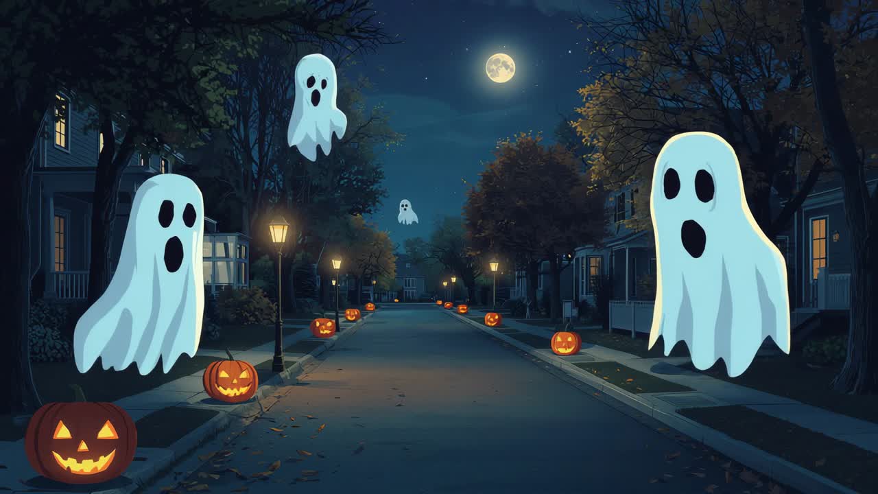 Plenilunio splendente su una strada di periferia, fantasmi che fluttuano oltrepassando zucche luminose sotto la luce dei lampioni