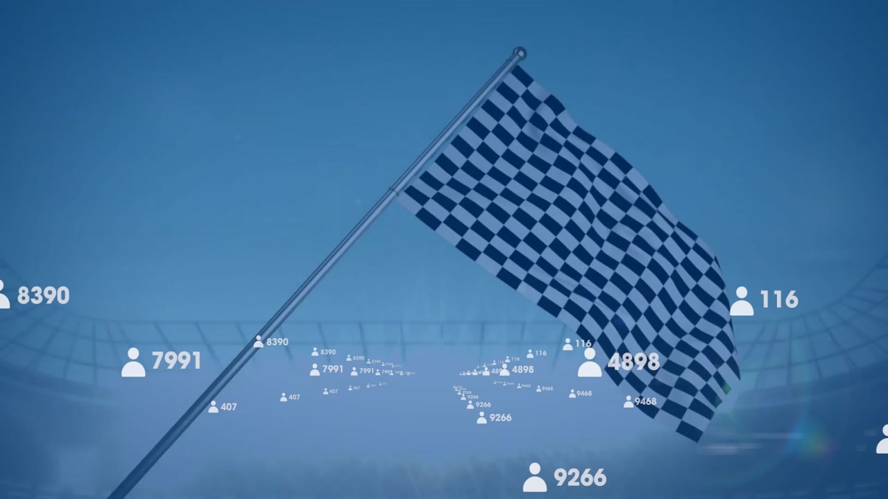 Racing flag rippling while floating user icons updating numbers to show engagement