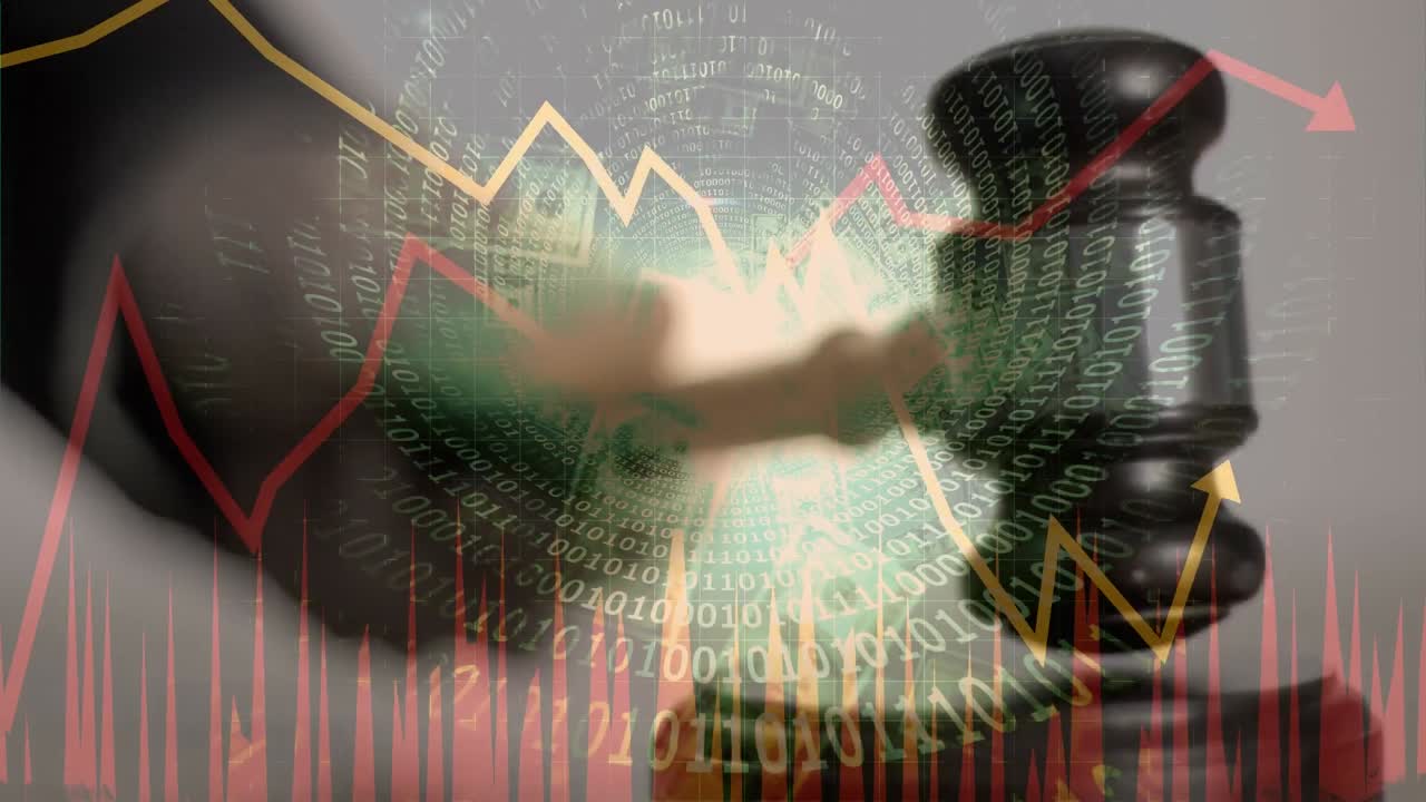 Animation of binary coding, statistics and financial data processing over auctioneer's hammer