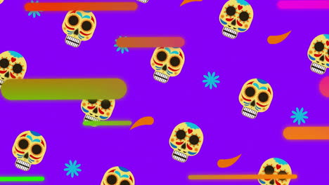 animation of colourful shapes moving over mexican skulls on blue background
