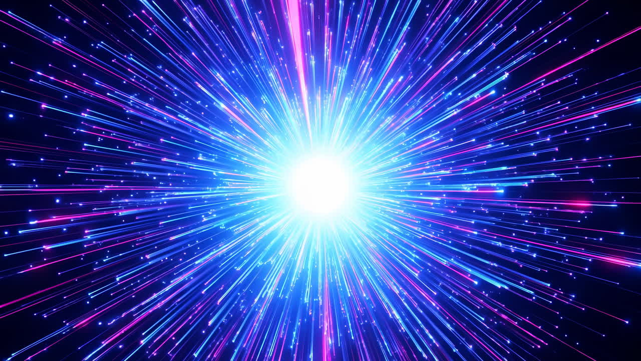 Bright Blue Energy Burst Radiating Neon Streaks, Particles Streaming Outward From Central Core, Intense Glow,