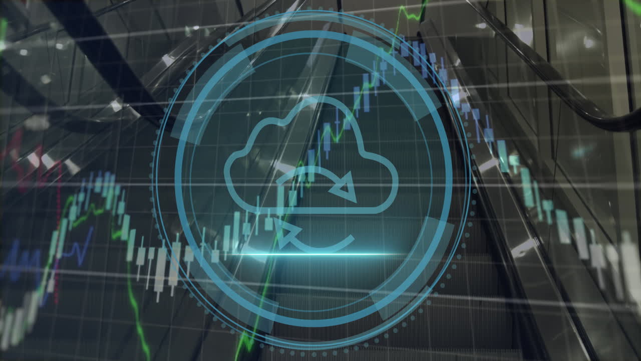 Animation of cyber security text, cloud, arrows in loading circles, shield, graphs over escalators