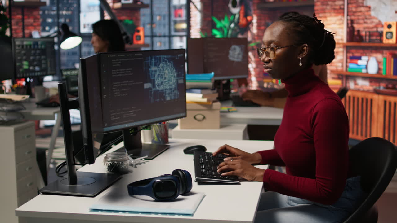 Programmer coding artificial intelligence algorithms in startup