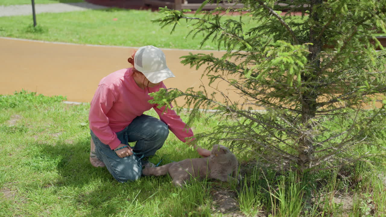 White Woman Kneeling By Tree Planting Sapling In Suburban Lawn, Pink Shirt And Cap, Gloves Smoothing Soil And Mulch Around Roots, Gentle Hands, Sunny Quiet Neighborhood, Slow Peaceful Care
